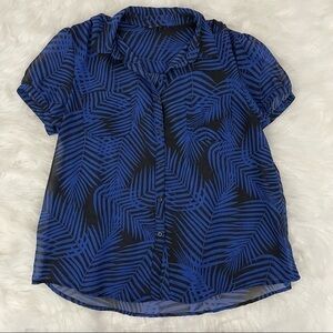 George Short Sleeve Button Down Blouse, Black and Blue Palm Leaf Print, Size XL​